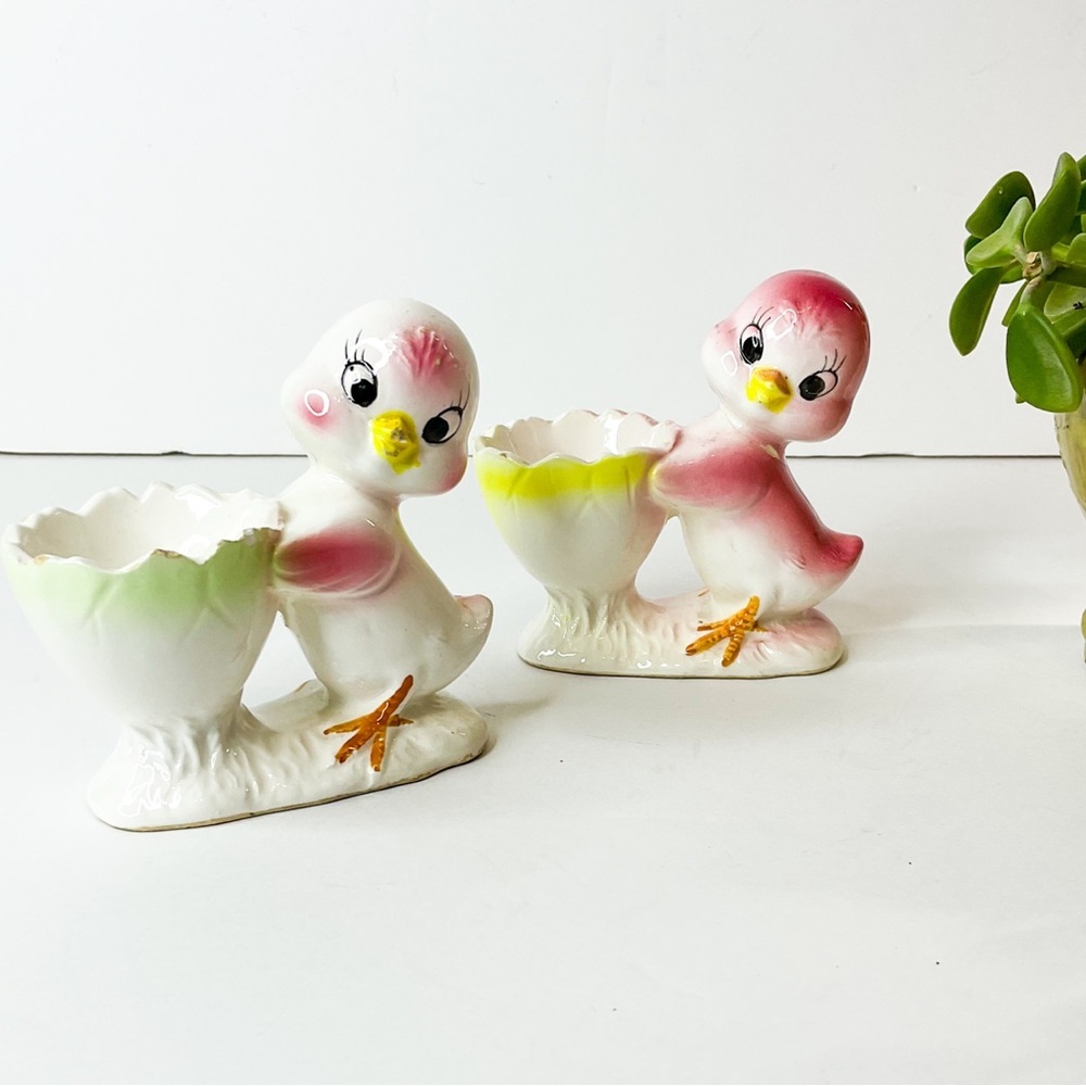 VINTAGE Mid-Century Japanese Pink Duck Eggcup Set Ceramic Figurines
